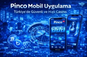 Pinco Casino mobil uygulaması mavi tonlarda tasarım, slot ve canlı casino ekranları